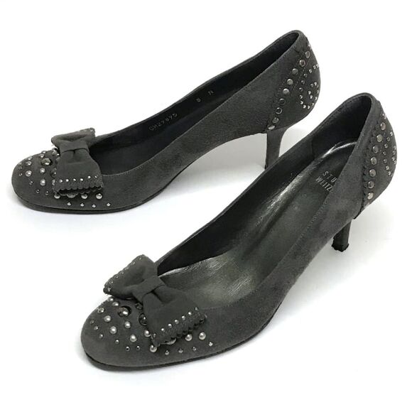 STUART WEITZMAN Gray Suede Leather Studded Pumps Heels with Bows 8N Y2K - Picture 1 of 8